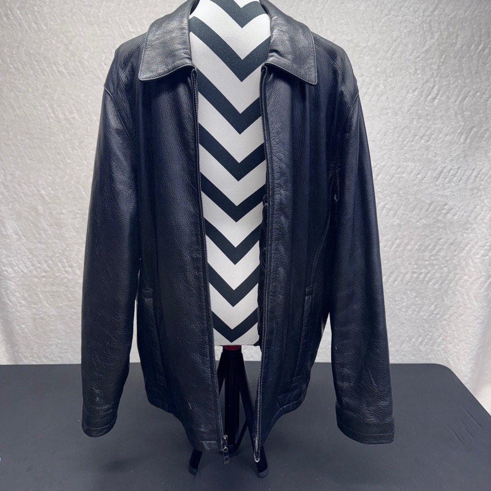 Perry Ellis Portfolio Black Leather Jacket Full Zip Quilted Lining Large